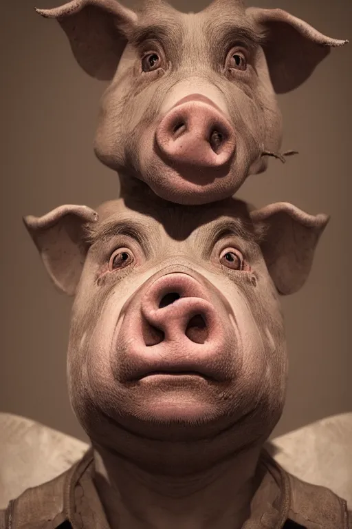 Image similar to a pig with a human face poses for a portrait, creepy, unsettling, scary, nightmare, intricate, hyper detailed, accent lighting, dramatic light, 4 k octane render