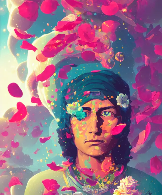 Prompt: delirium portrait of ashoka tano, by petros afshar, ross tran, peter mohrbacher, tom whalen, flower petals, bubbly scenery, radiant light