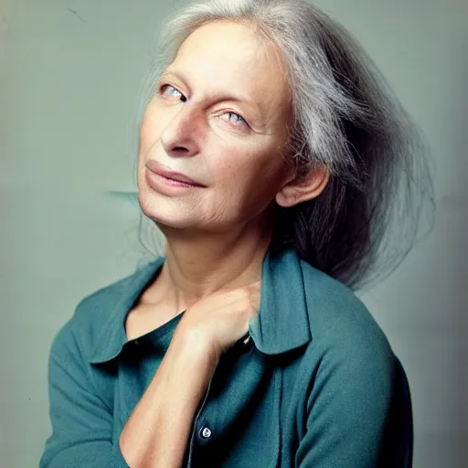 Prompt: portrait of a beautiful woman, front view. casual clothing. studio photo by annie leibovitz.