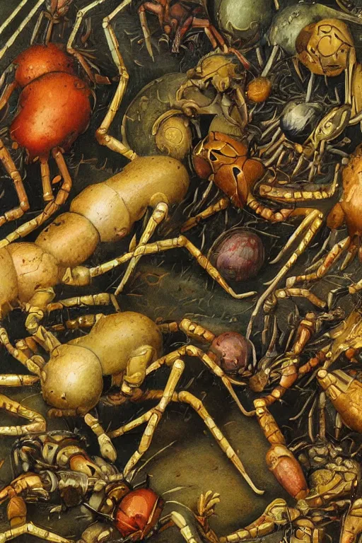 Prompt: hyperrealistic abstract close - up renaissance psychedelic!! cybernetic spiders in the style of engravings by pieter brueghel!!! the figures of women are crawling along the slug!!! octane render, hd