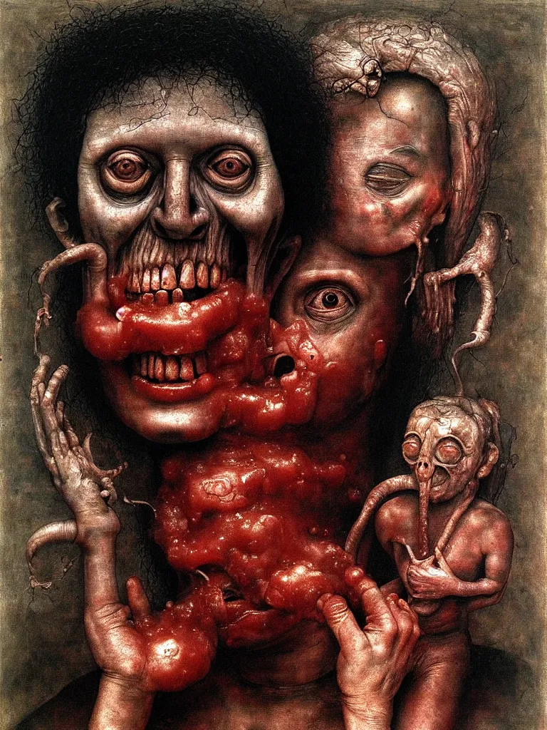 Image similar to a boy like eraserhead and elephant man sitting in a tub full of tomato sauce, looking straight into camera, screaming in desperation, a forgotten ritual, by giuseppe arcimboldo and ambrosius benson, renaissance, fruit, intricate and intense oil paint, a touch of beksinski and hr giger and edward munch, realistic