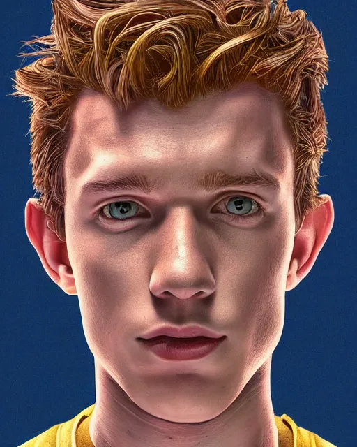 Image similar to closeup portrait of tom holland, an ultrafine detailed illustration by james jean, intricate linework, bright colors, final fantasy, behance contest winner, vanitas, angular, altermodern, unreal engine 5 highly rendered, global illumination, radiant light, detailed and intricate environment