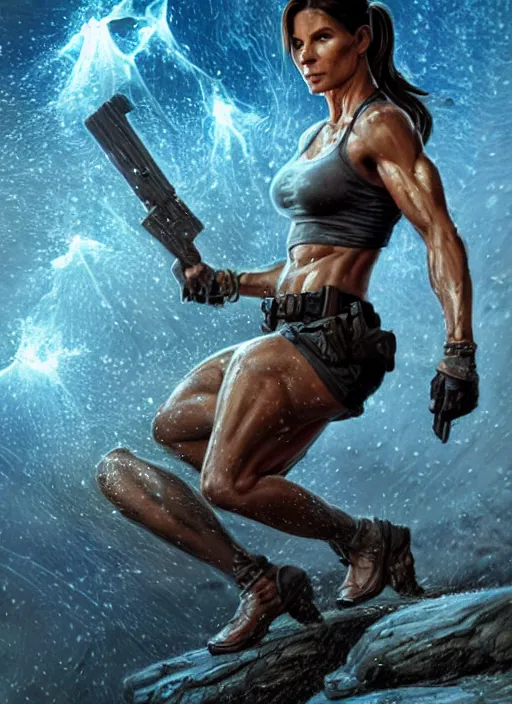 Image similar to muscled Sandra Bullock as Lara Croft as a ruggedly handsome heroine jumping off a glowing artifact lodged in shallow water, intricate, elegant, highly detailed, artstation, concept art, smooth, sharp focus, illustration, bokeh art by artgerm and donato giancola and Joseph Christian Leyendecker, WLOP, fireflies, distant snowstorm