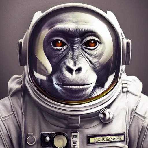 Prompt: photorealistic monkey astronaut, dynamic lighting, hyper realistic, concept art, portrait, realism, reflection