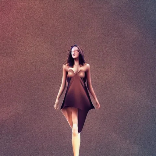 Prompt: a fashion model, creative, brown skin, digital art, photo manipulation, colossal, artstation, standing, giant, road,