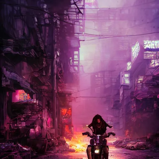 Prompt: portrait painting of a street samurai with long purple hair riding a motorcycle through a burning cyberpunk slum, glitchwave, ultra realistic, concept art, intricate details, eerie, highly detailed, photorealistic, octane render, 8 k, unreal engine. art by artgerm and greg rutkowski and nivanh chanthara