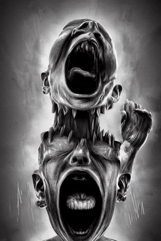 Image similar to his endless screaming makes his own mind eat him up, abstract, surrealism, black and white, artstation, deviantart, pinterest, 8 k