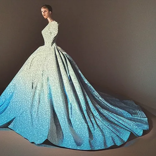 Image similar to A magnificent ball gown with a design inspired by Van Gogh's Starry Night. Studio Lighting