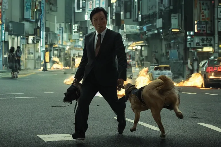 Image similar to cinematography action movie closeup portrait of a Japanese business man carrying his dog running from an explosion in Tokyo by Neil blomkamp