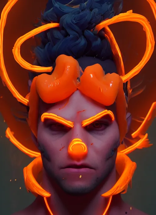 Image similar to glowwave portrait of a curly orange hair man with devil horns from overwatch, au naturel, hyper detailed, digital art, trending in artstation, cinematic lighting, studio quality, smooth render, unreal engine 5 rendered, octane rendered, art style by klimt and nixeu and ian sprigger and wlop and krenz cushart riot arcane overwatch