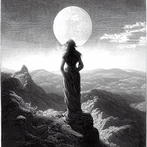 Prompt: A female wanderer looks from a mountaintop, mountains, gorgeous view, velly distant forest, distant city, distant glow, night, moon, dramatic light, Chiaroscuro, long shadows, dark, masterpiece, high detail, detailed, illustration by Paul Gustave Doré