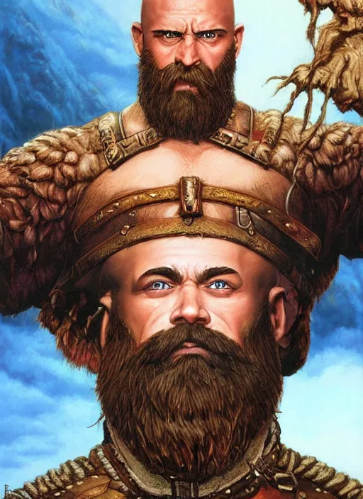 Prompt: a highly detailed symmetrical airbrush painting of a bald warrior male dwarf with long brown beard in a mountainous landscape, art by mark brooks, jason edmiston, glenn fabry