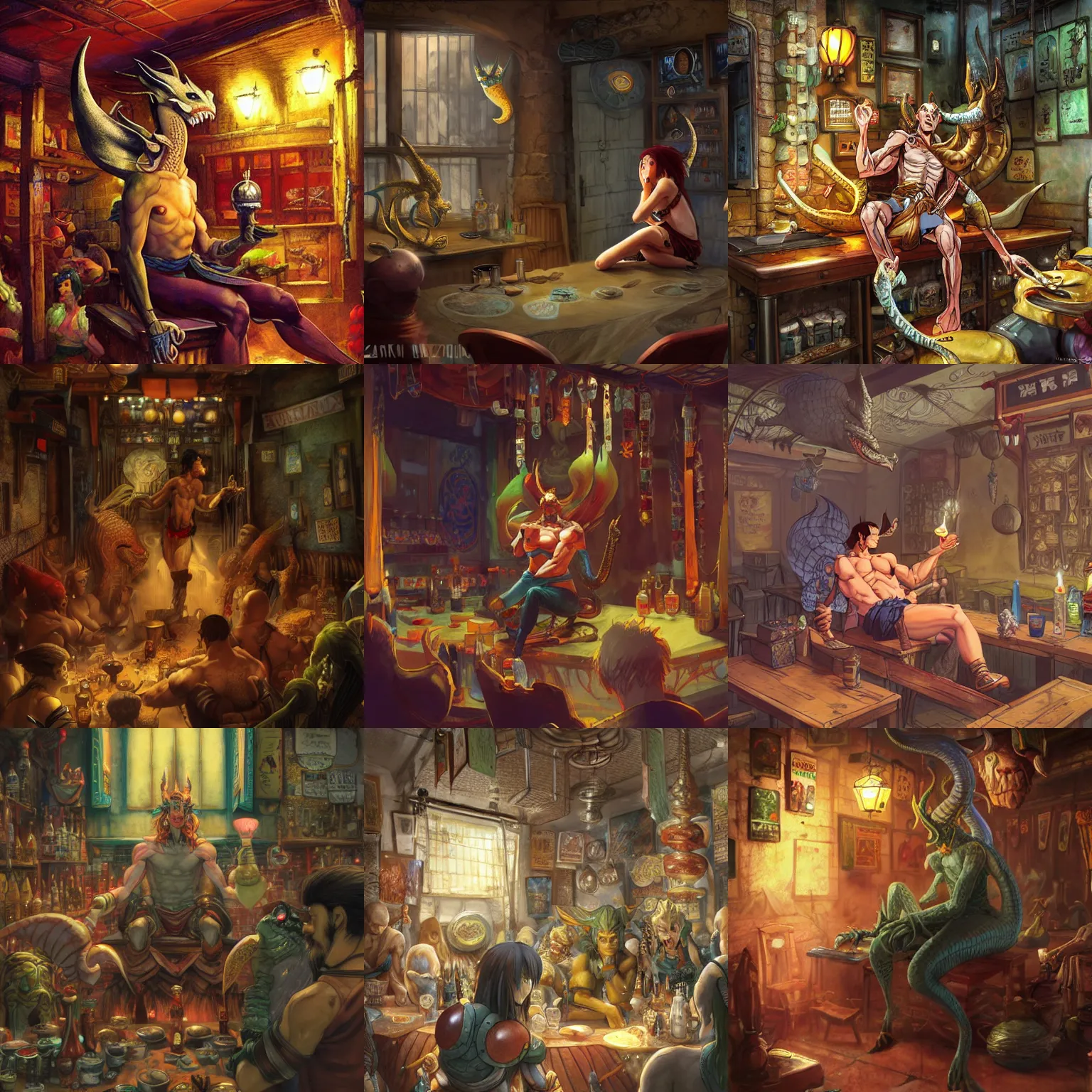 Prompt: a male naga, no legs, seated in an old crowded and lively tavern full of fantasy spirits and heroes, warm lights, lighthearted, art by yuji ikehata and satoshi kon, background art by miyazaki, realism, proper human male proportions, fully clothed, dungeons and dragons, anime