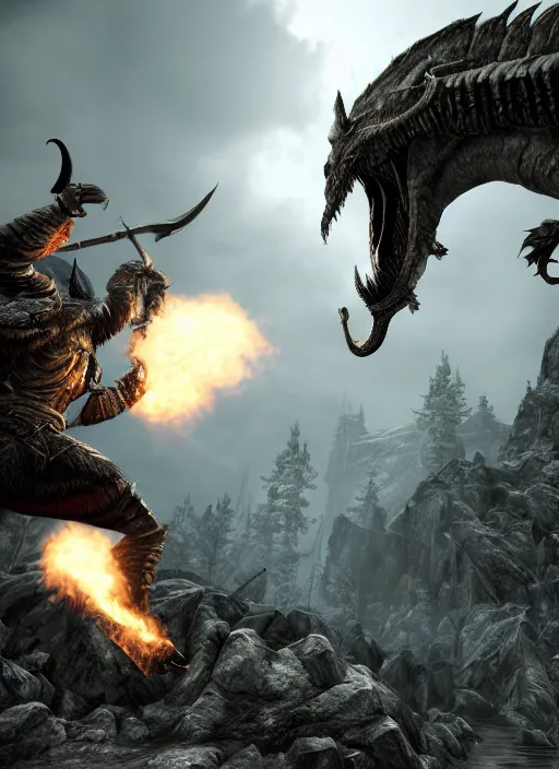 Image similar to the elder scrolls skyrim, hyperrealistic photograph, dovahkiin fighting a dragon, magic spells. 8k