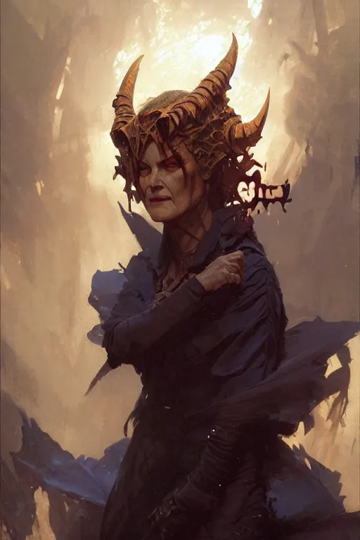 Image similar to well dressed middle aged woman with a sly smile and demonic horns growing from her head portrait dnd, painting by gaston bussiere, craig mullins, greg rutkowski, yoji shinkawa