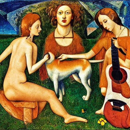 Prompt: hard evergrowing cosmic village prism collie dog guitar sectional portico, by amedeo modigiliani and filippino lippi and ernst max, surrealist, an american propaganda, nft