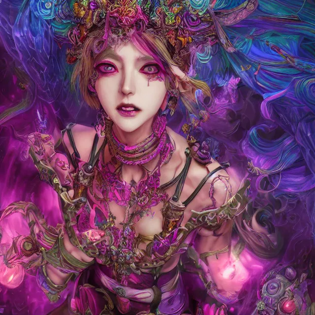 Prompt: the portrait of chaotic evil fallen sensual colorful female necromancer overlord as absurdly beautiful, gorgeous idol, an ultrafine hyperdetailed illustration by kim jung gi, irakli nadar, intricate linework, bright colors, octopath traveler, final fantasy, unreal engine 5 highly rendered, global illumination, radiant light, detailed and intricate environment