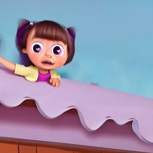 Image similar to a cute toddler girl is sleeping in her bedroom, while cats are making noise on the rooftops, pixar style