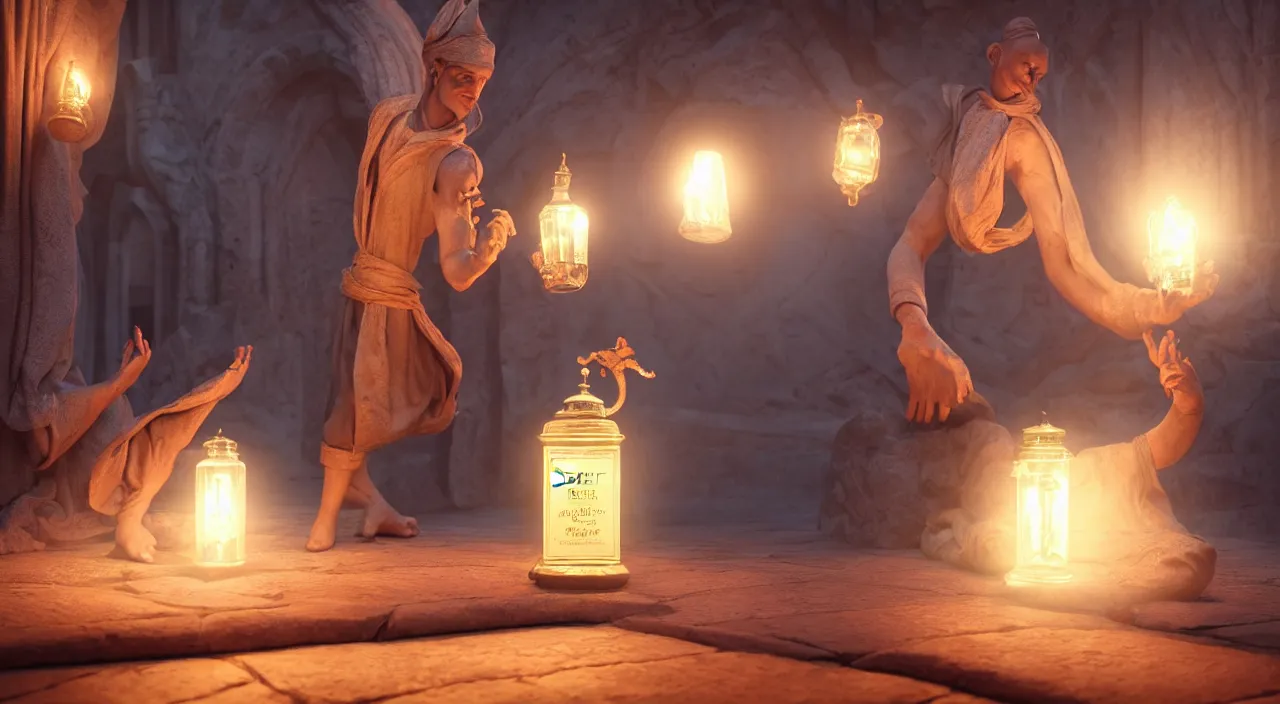 Image similar to The great genie in the bottle demonstrates enormous magical powers stunning the young man who just released him from the lamp. Intricate details, photo realistic, award winning, dramatic lighting, award winning, depth of field, UHD 8K. Rendered with autodesk arnold unreal engine octane render Lumion Blender Maxwell.