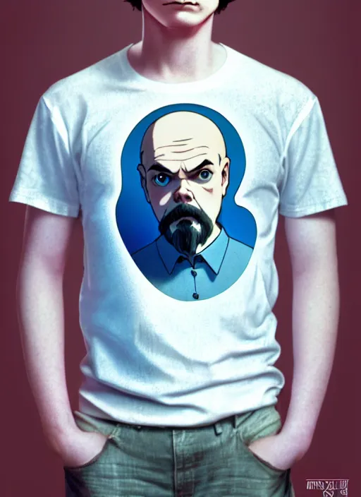 Prompt: art young lenin, light blue eyes, pale skin, freckles, sad expression, t - shirt, modern casual clothing, natural lighting, path traced, highly detailed, high quality, cartoon, digital painting, by don bluth and ross tran and studio ghibli and alphonse mucha