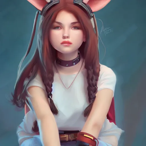 Image similar to full portrait of a cute young woman with robot ears, 4k, sharp focus, Andreas Rocha