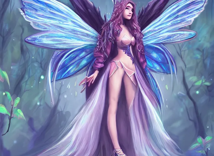 Image similar to a fairy with big wings wearing a hoodie, street fashion outfit, haute couture fashion shoot, fairy, d & d, fantasy sticker illustration, artstation