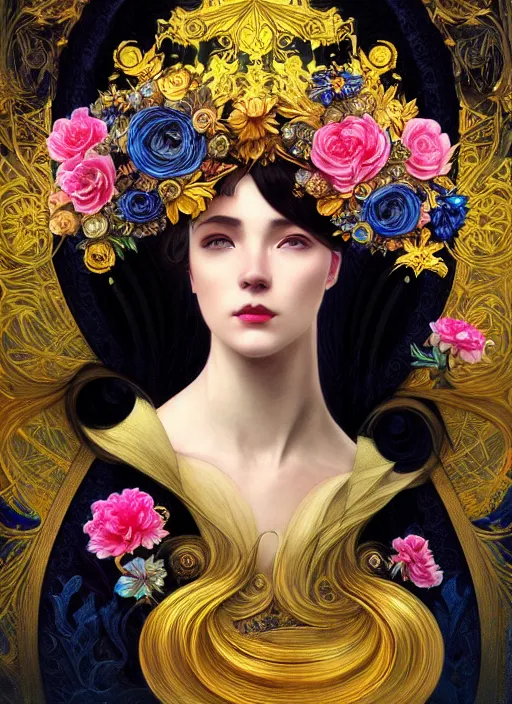 Image similar to beautiful black blue yellow, complicated gold and pink flowers in baroque style headwears, dark fantasy, intricate, elegant, highly detailed, digital painting, artstation, concept art, matte, 3 d 8 k octane rendered, sharp focus, illustration, octane rendered, art by artgerm and alphonse mucha, leesha hannigan