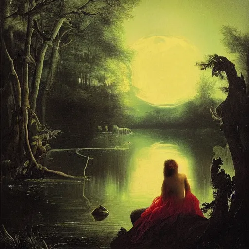 Prompt: rusalka sits by a pond in an apocalyptic dark forest at night, moon gazing, by john martin