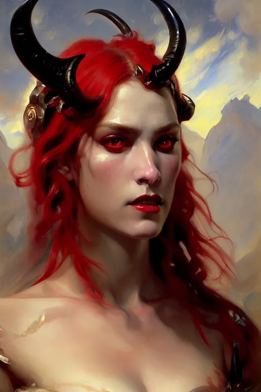 Prompt: painted close - up portrait of a attractive red - skinned intimidating demon cyborg girl with ram horns! oil painting, wearing a noblewoman's outfit, fantasy art by john singer sargent and gaston bussiere and james jean and greg rutkowski, demon noble character design, hd