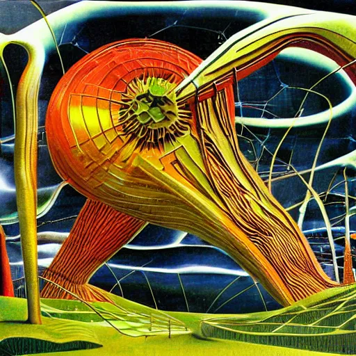 Prompt: organic structures from the cavities of an arcology located on an alien world where the grassland plants and ground yellow and the skies and red, robert mcrall combined with salvador dali graphical style