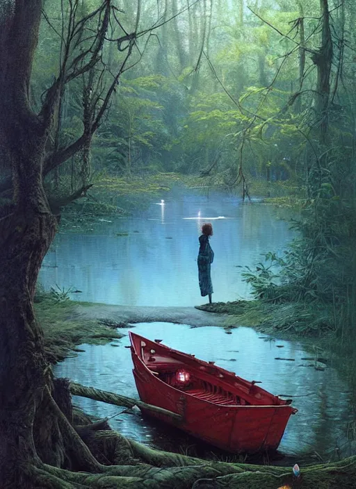 Image similar to boat in the woods by a river gorgeous lighting, lush forest foliage blue sky a hyper realistic painting by chiara bautista and beksinski and norman rockwell and greg rutkowski, tom bagshaw weta studio, and lucasfilm