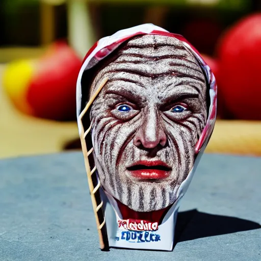 Image similar to freddy kruger face on an ice cream with a stick, realistic photography, high detailed