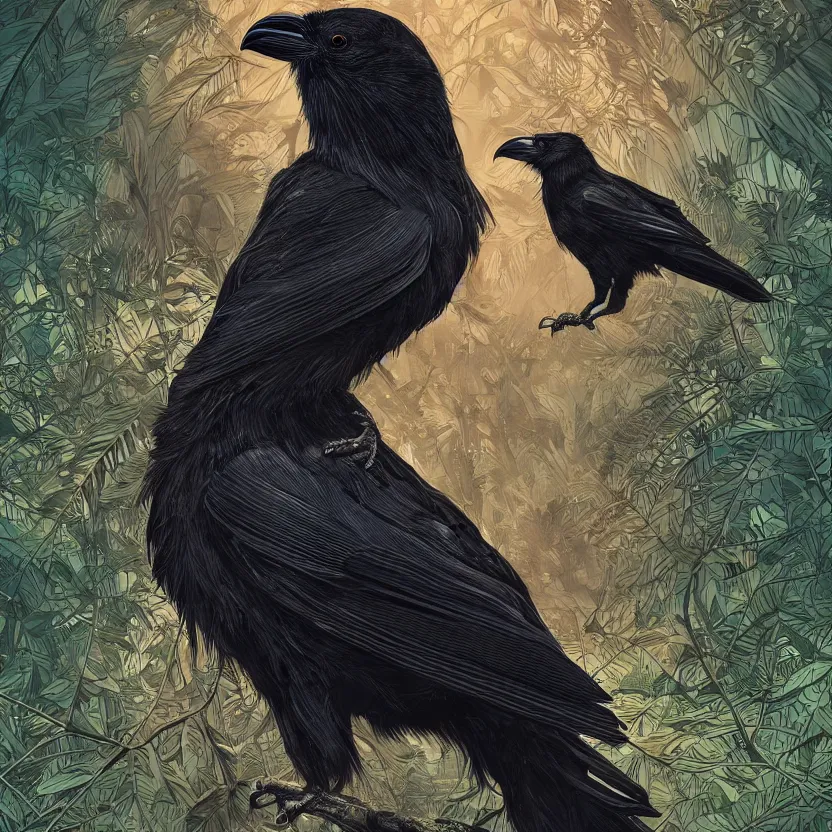 Prompt: beautiful dominant black raven bird, intricate, forest, exquisite asanoha pattern background, highly detailed, digital painting, trending on artstation, concept art, smooth, sharp focus, backlit, rim light, vivid colors, illustration, unreal engine 5, 8 k, art by rossdraws and alphonse mucha