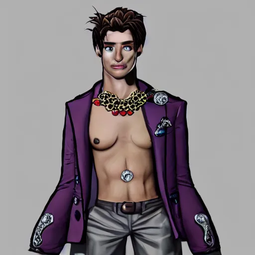 Image similar to a character model design of a handsome young man wearing excessive jewelry in a tasteful way