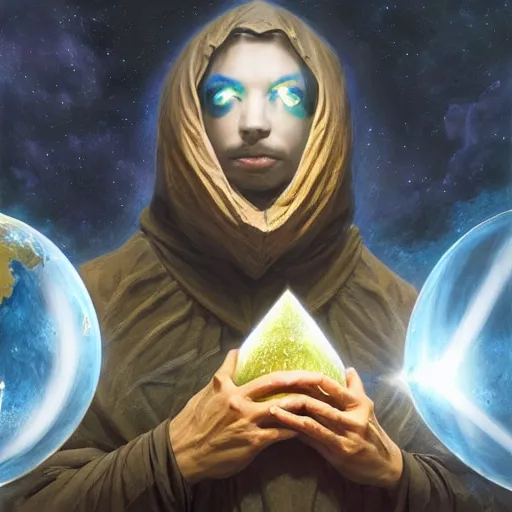 Image similar to creator of worlds wearing a cloak, masked, and holding a holographic planet projection in his hand, detailed, sci - fi, digital painting, artstation, sharp focus, illustration, ominous, artgerm, tomasz alen kopera, peter mohrbacher, donato giancola, joseph christian leyendecker, wlop, frank frazetta