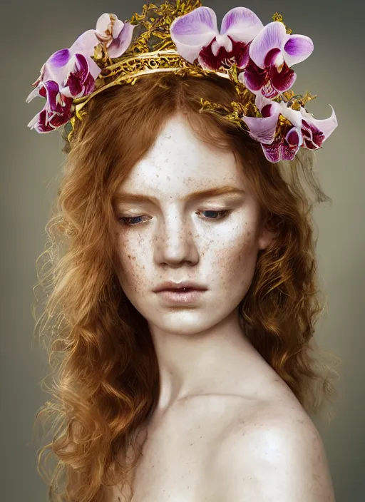 Prompt: oil on canvas portrait of ethereal ginger beauty with wavy hair an orchid floral crown, little freckles on her skin, background of silver and gold intricated mandelbug patterns, smooth, zenithal lighting, photo studio composition, by artgerm, greg rutkowski and WLUM.