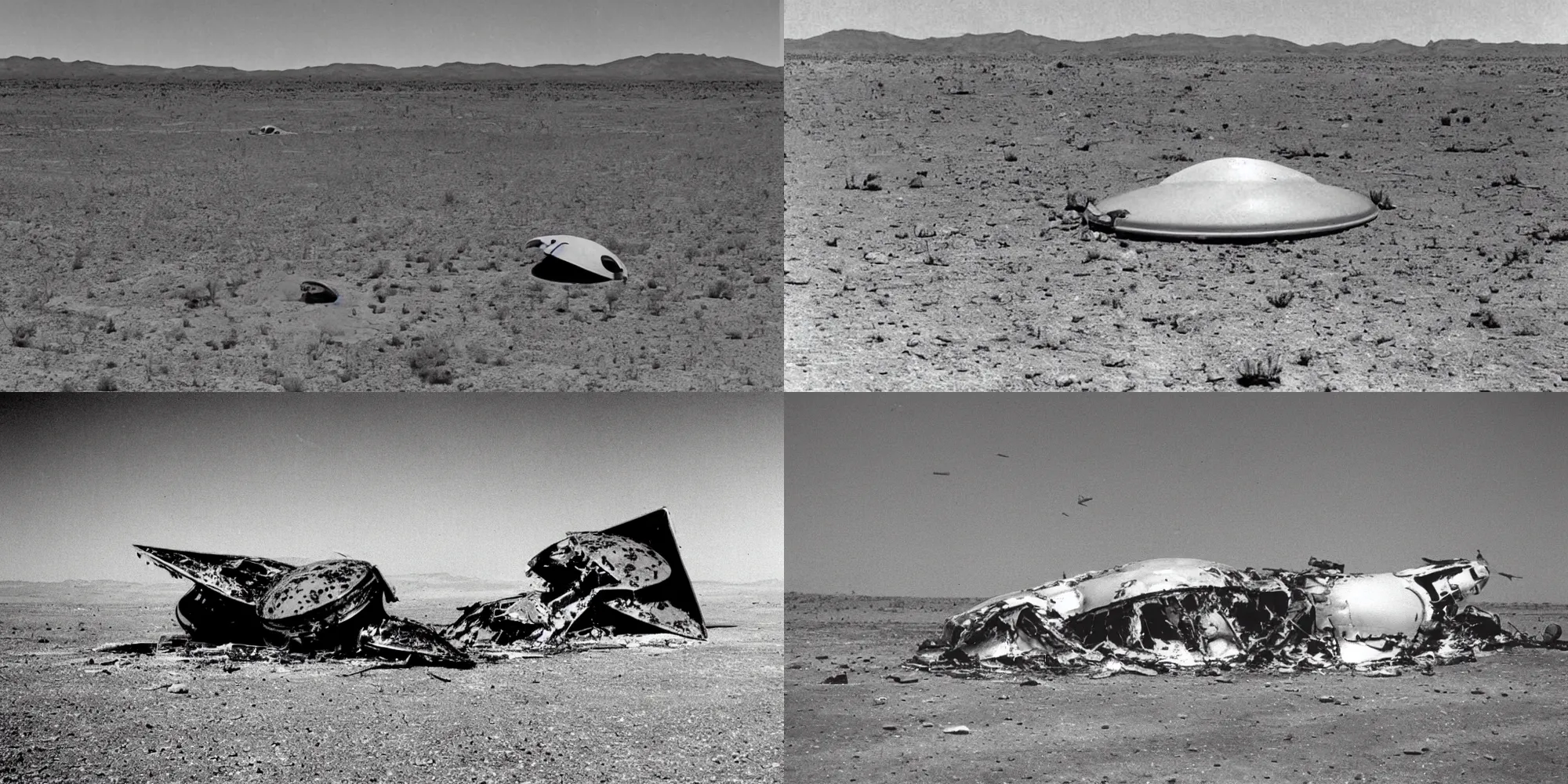 Prompt: vintage photograph of a ufo crash in the desert of roswell, sepia