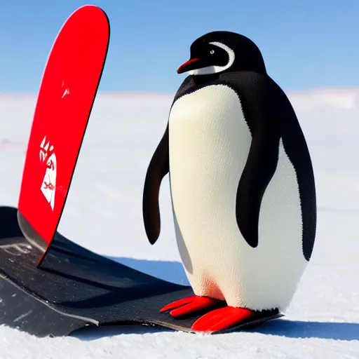 Image similar to ultrawide angle photograph of a snowboarding penguin, extremely detailed, the penguin has ruffled feathers, the snowboard he is standing on is bright red and carved, the snowboard has a tribal print, 8 k