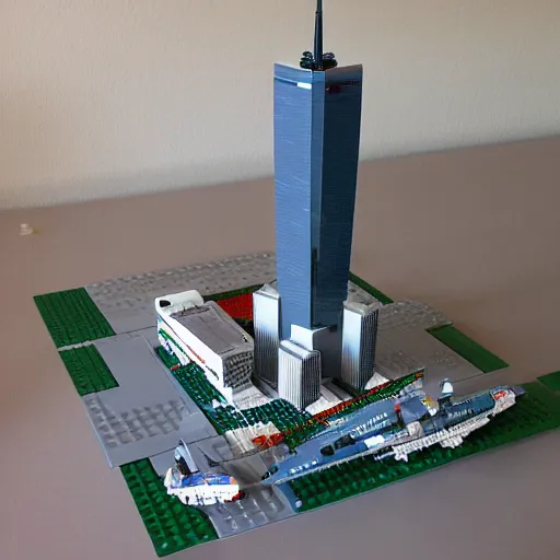 Prompt: the World Trade Center with an airplane as a lego set