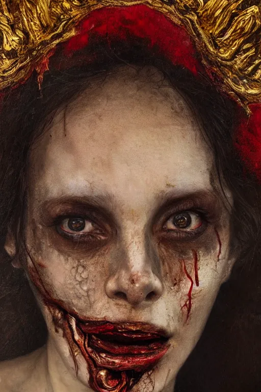 Prompt: hyperrealism close-up portrait of young woman in black silk, rotten skin red skin, hyper detailed golden crown, dark background, in style of classicism
