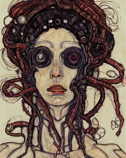 Image similar to portrait of cyberpunk medusa by egon schiele in the style of greg rutkowski