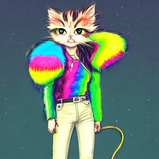 Image similar to wide angle full body, jacket wearing fluffy cute rainbow kitten wearing a black leather motorcycle jacket, cinematic concept art