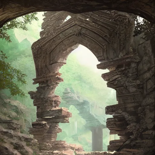 Image similar to concept art painting of an ornate ancient stone archway, in the woods, realistic, detailed, cel shaded, in the style of makoto shinkai and greg rutkowski and james gurney