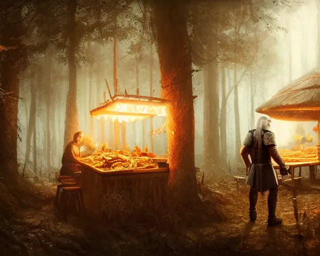 Image similar to 5 5 mm portrait photo of geralt of rivia serving shawarma, in a magical forest. dark atmosphere. art by greg rutkowski. highly detailed 8 k. intricate. lifelike. soft light. nikon d 8 5 0.