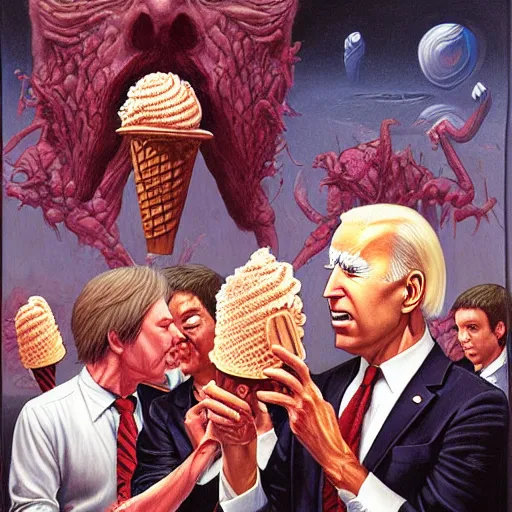 Image similar to epic Joe Biden eats waffle cone ice cream in pandemonium, demons and souls, portrait, art by Wayne Barlowe, oil on canvas