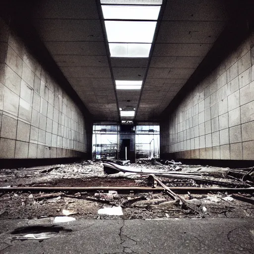 Image similar to “photograph of an abandoned penn station, dusty, dark, liminal space, high res, high quality”