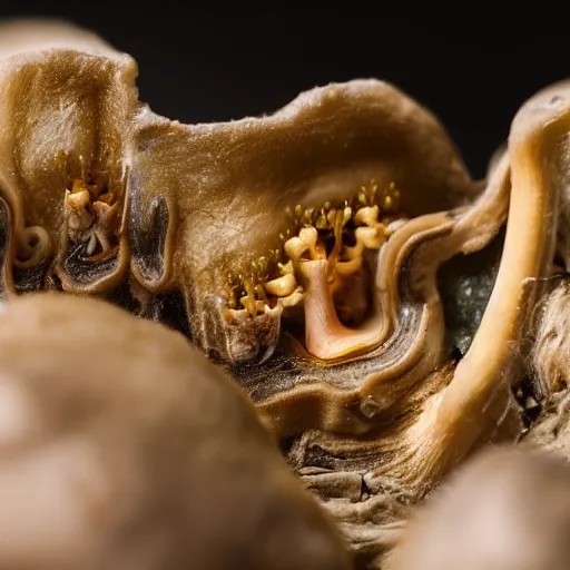 Image similar to psychedelic mushroom made from human skin and teeth on display 50mm shallow dof