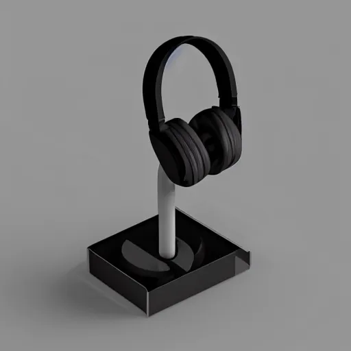 Image similar to headphone stand, futuristic, techno, cyberpunk, product design, 3 d render, 3 d concept, isometric design, fun, swag, cute
