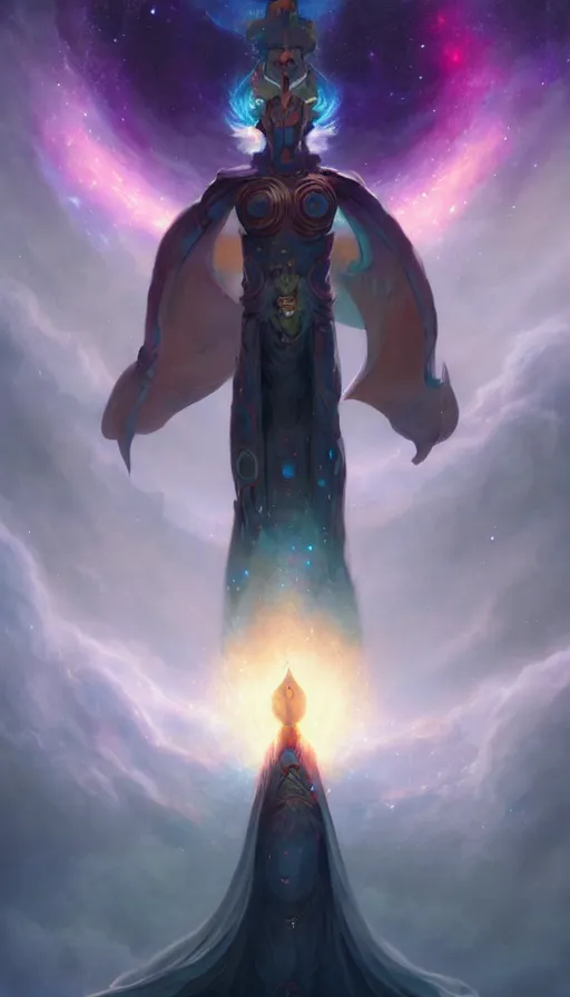 Prompt: cosmic god with a cape, epic scene, colors, holy, full body, galaxy, and, stars, atmosphere, unreal engine, pixar, video game, ethereal, insanely detailed, symmetrical, concept art, peter mohrbacher, charlie bowater, artstation, cinematic, video game, digital painting, artist maena, 4 k