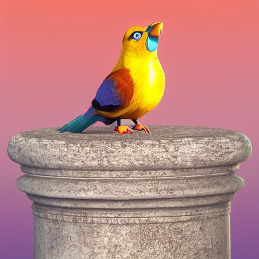 Prompt: cute colorful bird sitting on the top of a roman column pillar made of marble, octane render, 4 k, cinematic lighting, gradient lighting